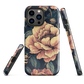 Phone case with vintage-style pink roses and bees on dark background, floral New Zealand artwork.