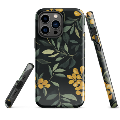 NZ Kowhai phone case with native yellow floral and green leaves on black background by designer Ben Hart.