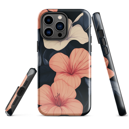 Phone case with coral hibiscus flowers and ivory blooms on dark background
