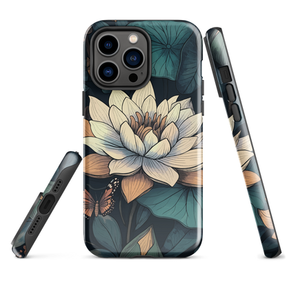 Phone case with ivory water lily, green leaves, and butterfly accents on dark background