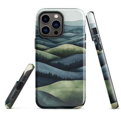 Phone case with layered mountain and forest landscape in blue and green hues