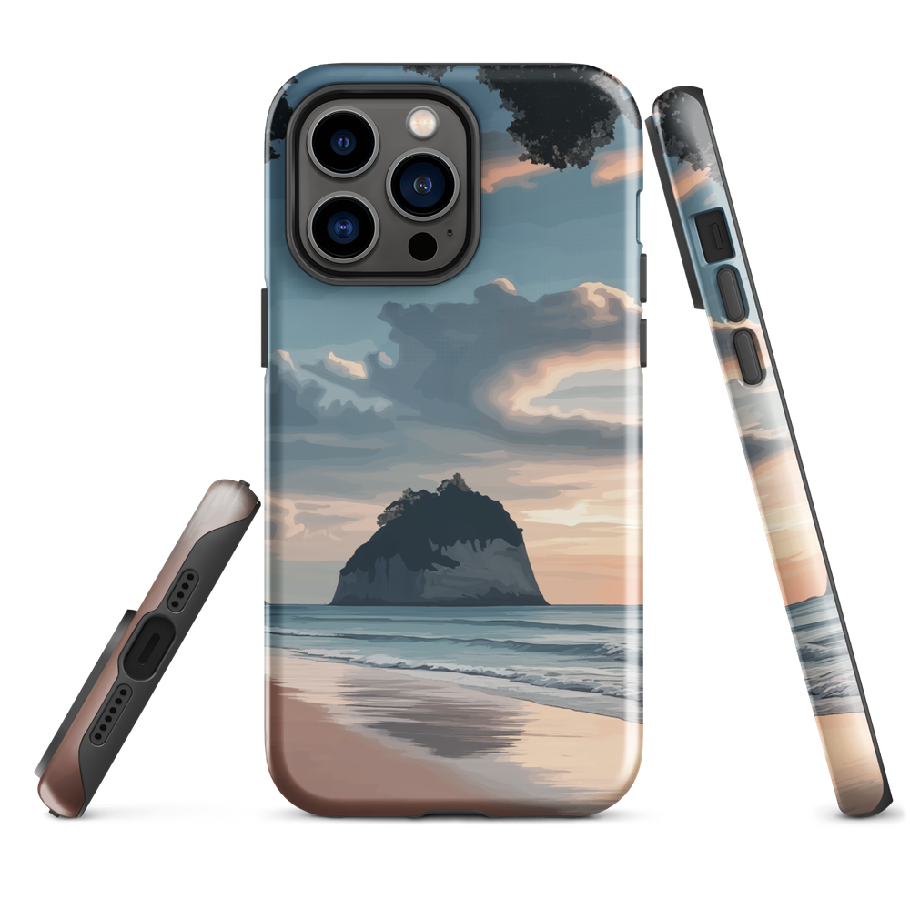 Phone case with Cathedral Cove beach and sunset scene, featuring soft skies and sea stack