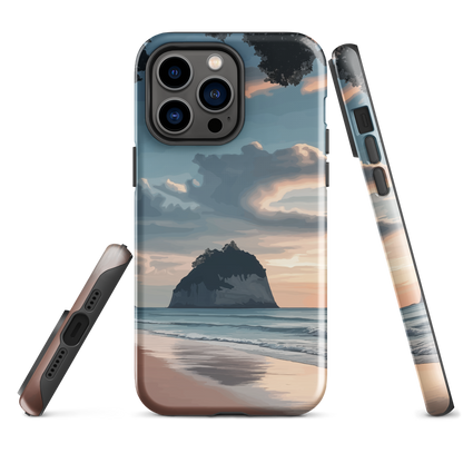 Phone case with Cathedral Cove beach and sunset scene, featuring soft skies and sea stack