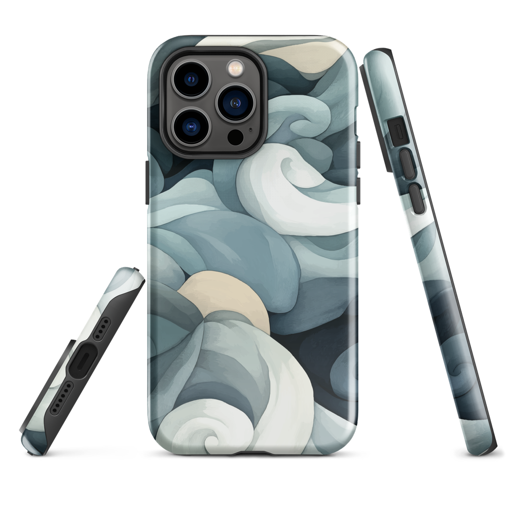 Phone case with abstract swirling ocean waves in blue and cream