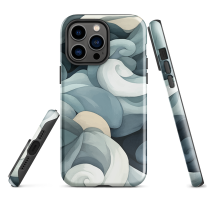 Phone case with abstract swirling ocean waves in blue and cream