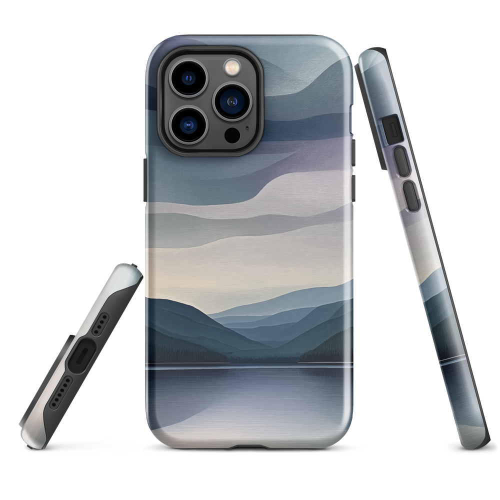 Phone case with moody blue and purple layered mountain and lake landscape artwork