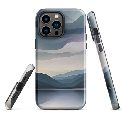 Phone case with moody blue and purple layered mountain and lake landscape artwork