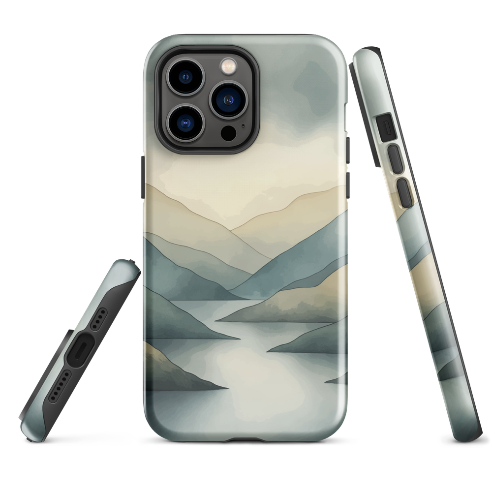 Phone case with soft mountain and valley design in misty green, blue, and golden tones