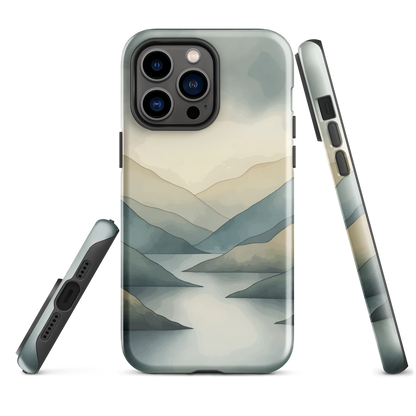Phone case with soft mountain and valley design in misty green, blue, and golden tones