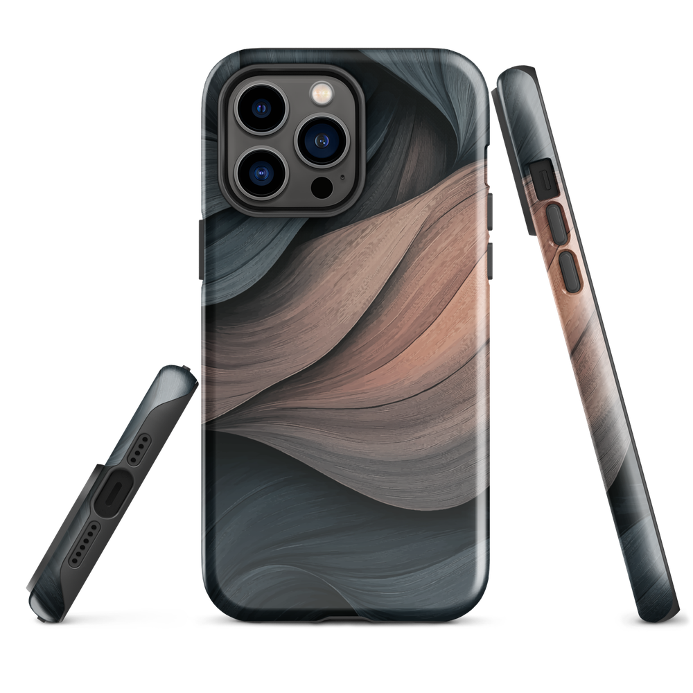 Phone case with flowing abstract design in black, copper and charcoal tones, inspired by dusk shadows