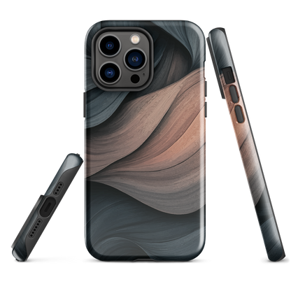 Phone case with flowing abstract design in black, copper and charcoal tones, inspired by dusk shadows
