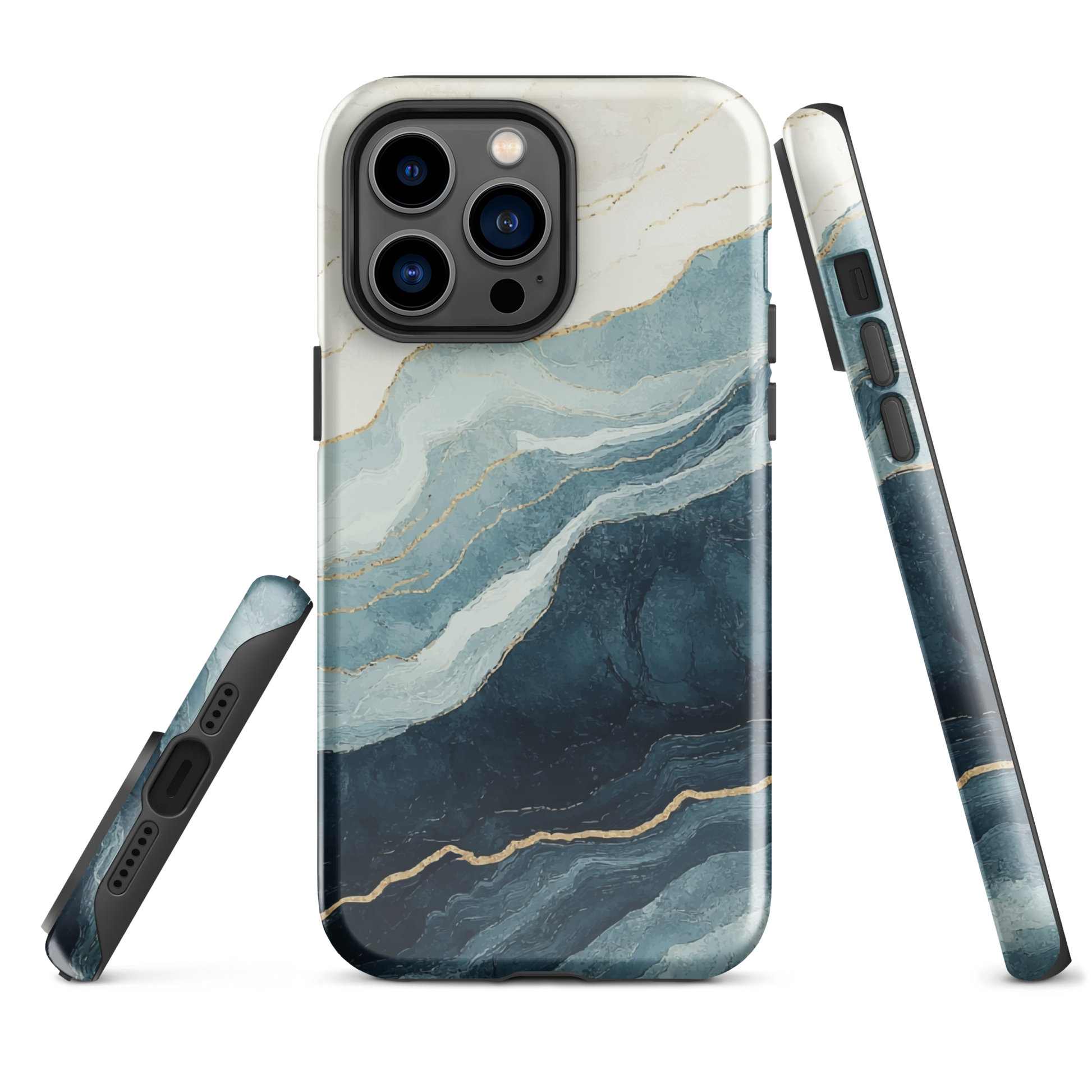 An elegant abstract phone case inspired by layered coastal forms in blue and teal tones.