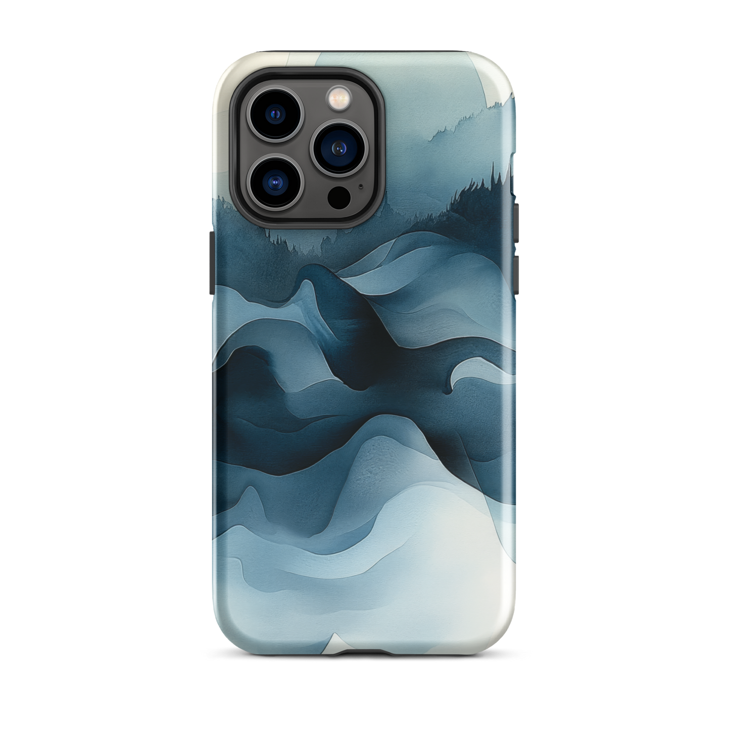 A calming abstract landscape protective phone case inspired by quiet valleys and soft blue tones.
