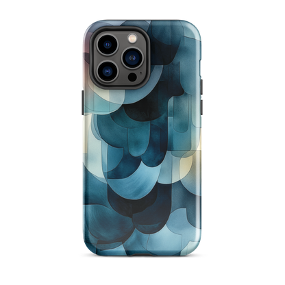 A modern abstract phone case featuring layered blue forms and soft flowing shapes.