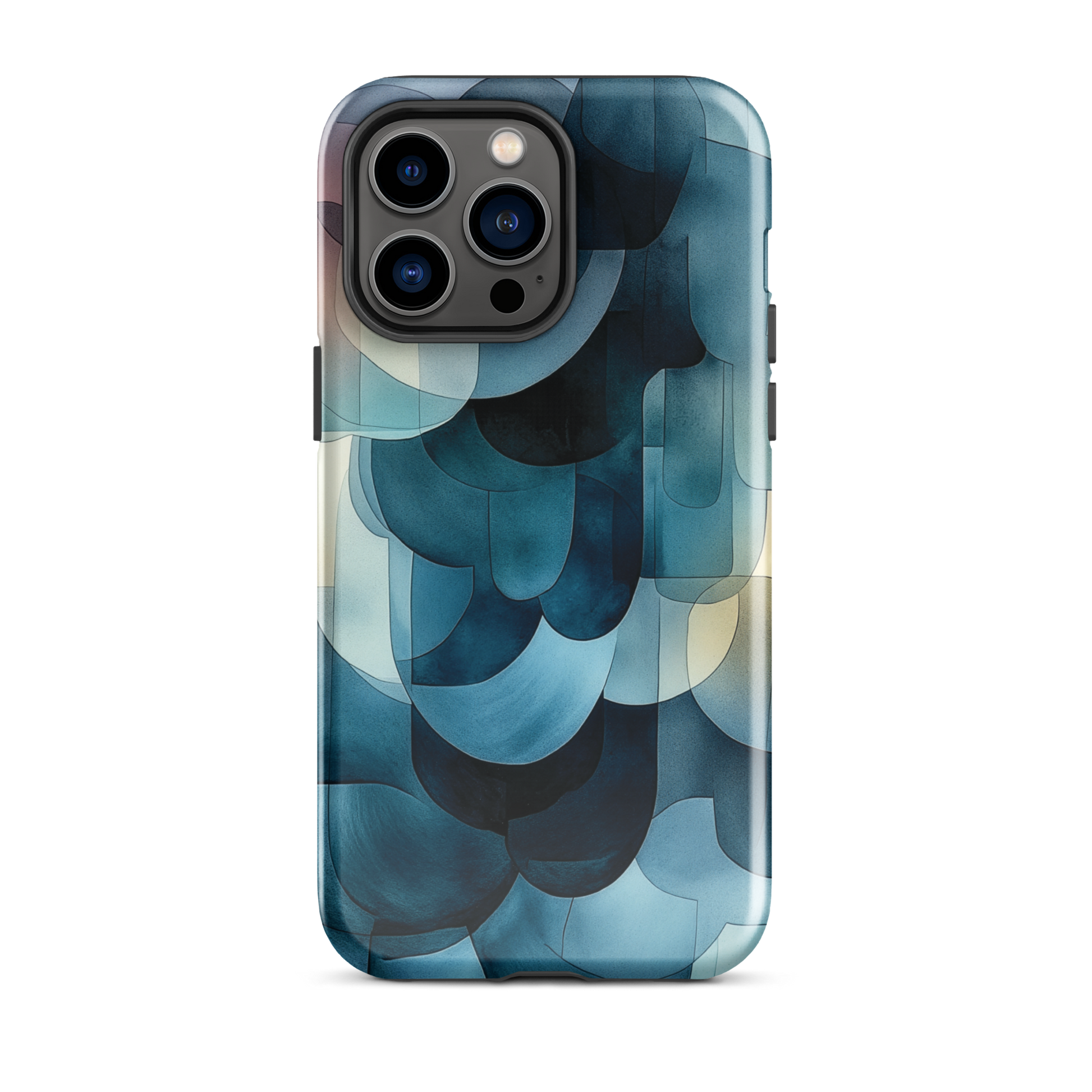 A modern abstract phone case featuring layered blue forms and soft flowing shapes.