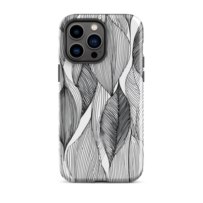 A minimalist phone case featuring fine black botanical linework in a repeating leaf pattern.
