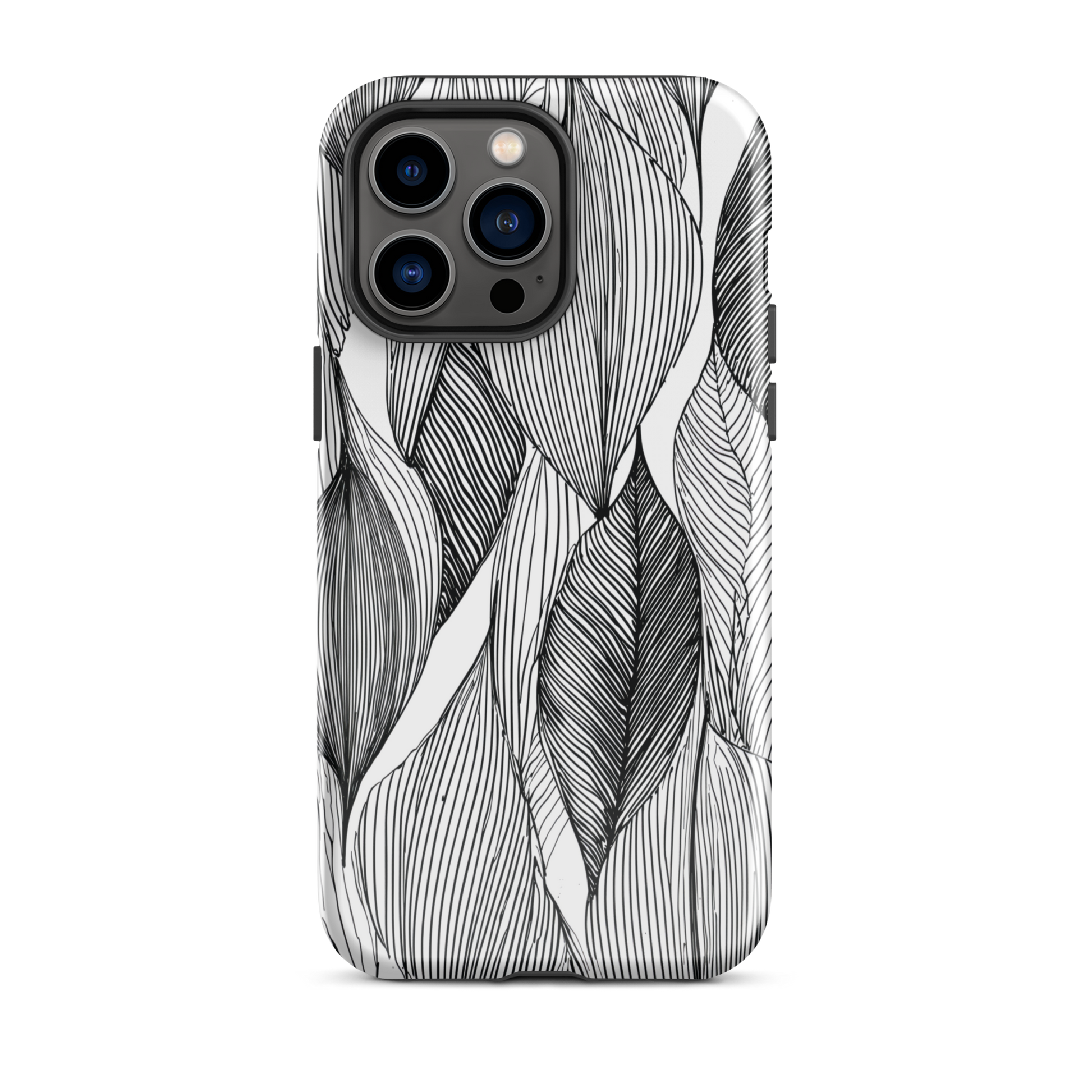 A minimalist phone case featuring fine black botanical linework in a repeating leaf pattern.