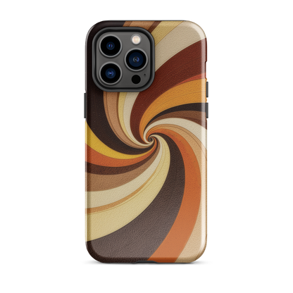 A retro-inspired phone case featuring warm swirling patterns in orange, yellow, and brown tones.