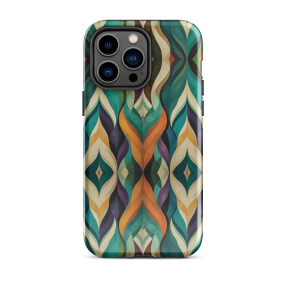 A bold geometric phone case featuring layered shapes in rich, earthy tones.