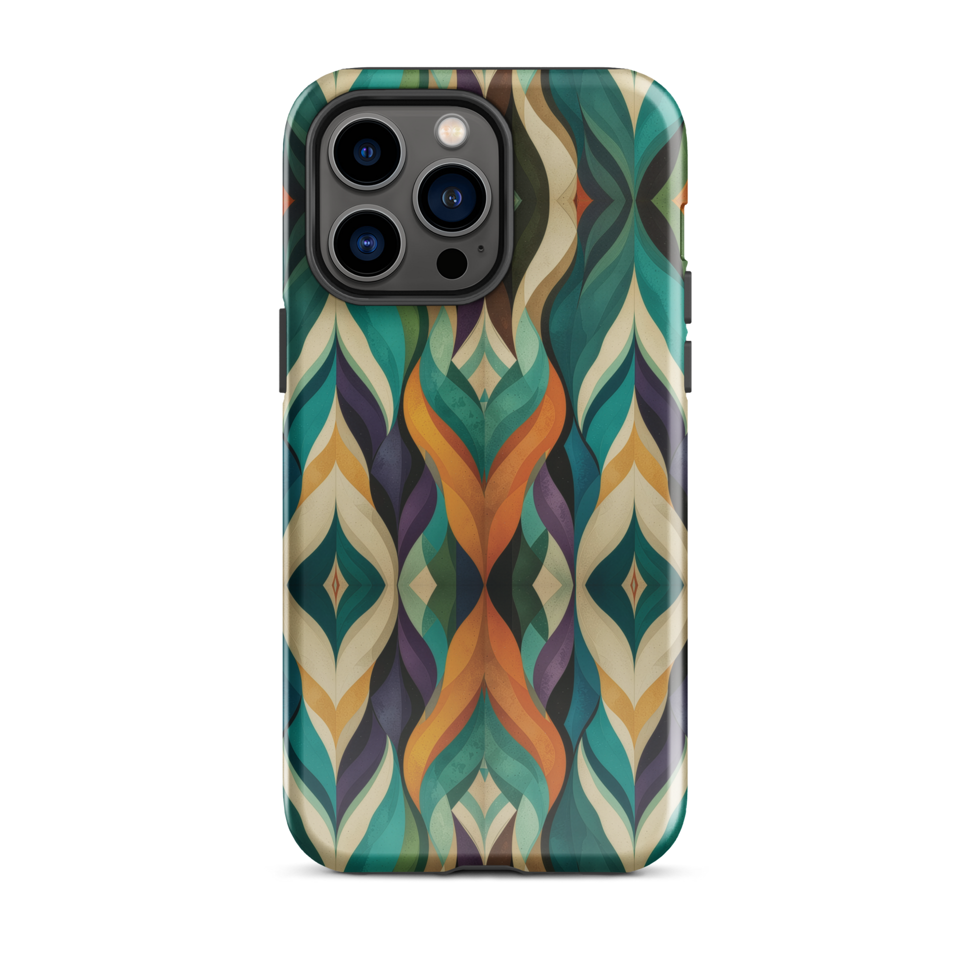 A bold geometric phone case featuring layered shapes in rich, earthy tones.