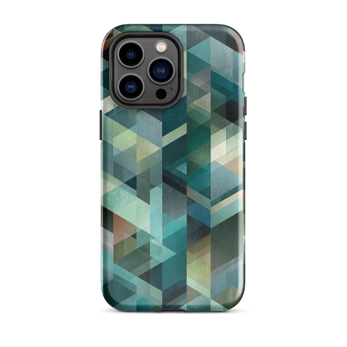Modern abstract geometric phone case in teal and blue tones with layered retro-inspired shapes.