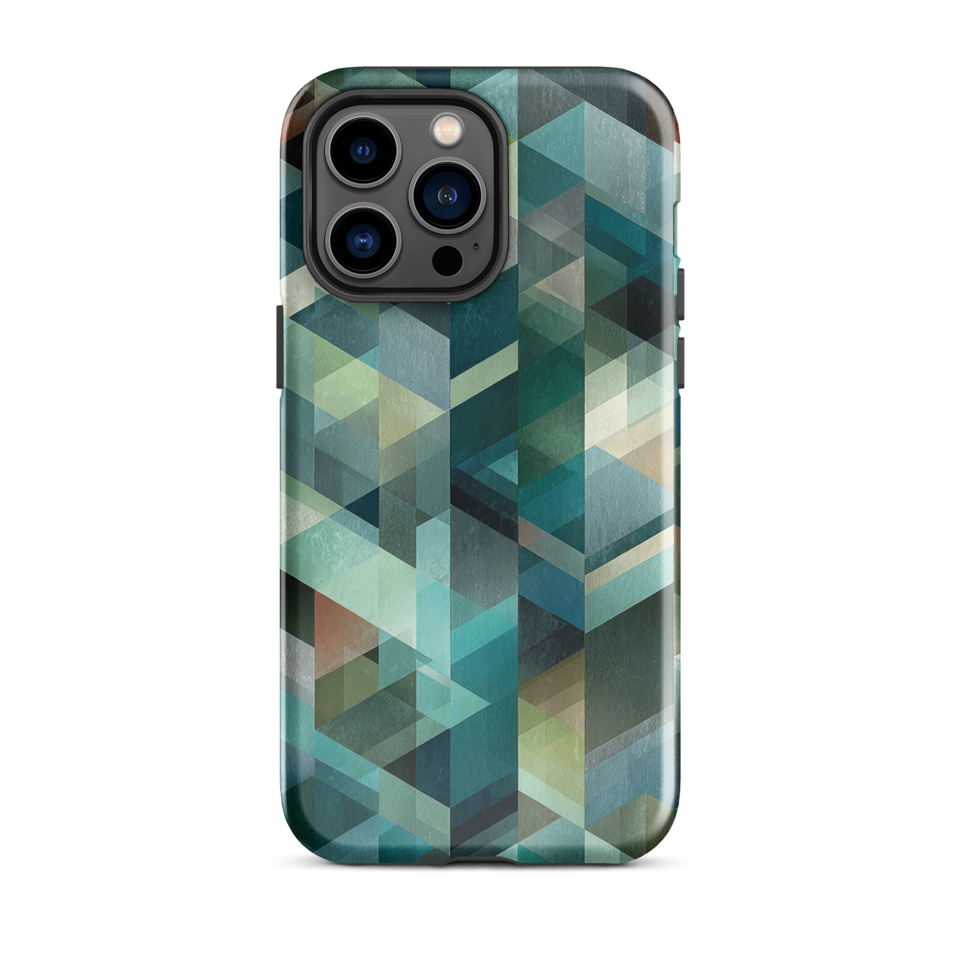 Modern abstract geometric phone case in teal and blue tones with layered retro-inspired shapes.