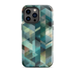 Modern abstract geometric phone case in teal and blue tones with layered retro-inspired shapes.
