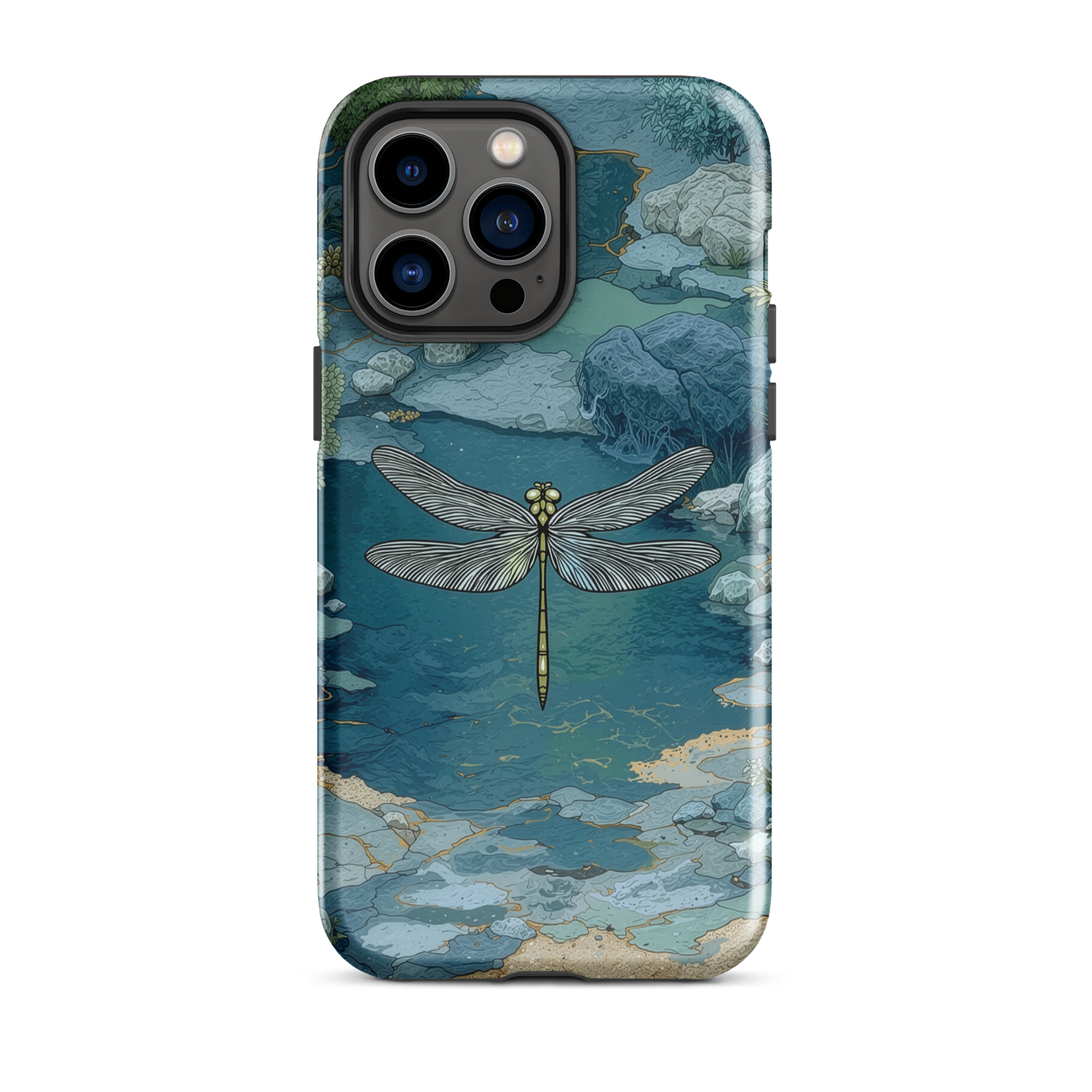 Nature-inspired phone case featuring a dragonfly over calm water with blue and green forest tones.