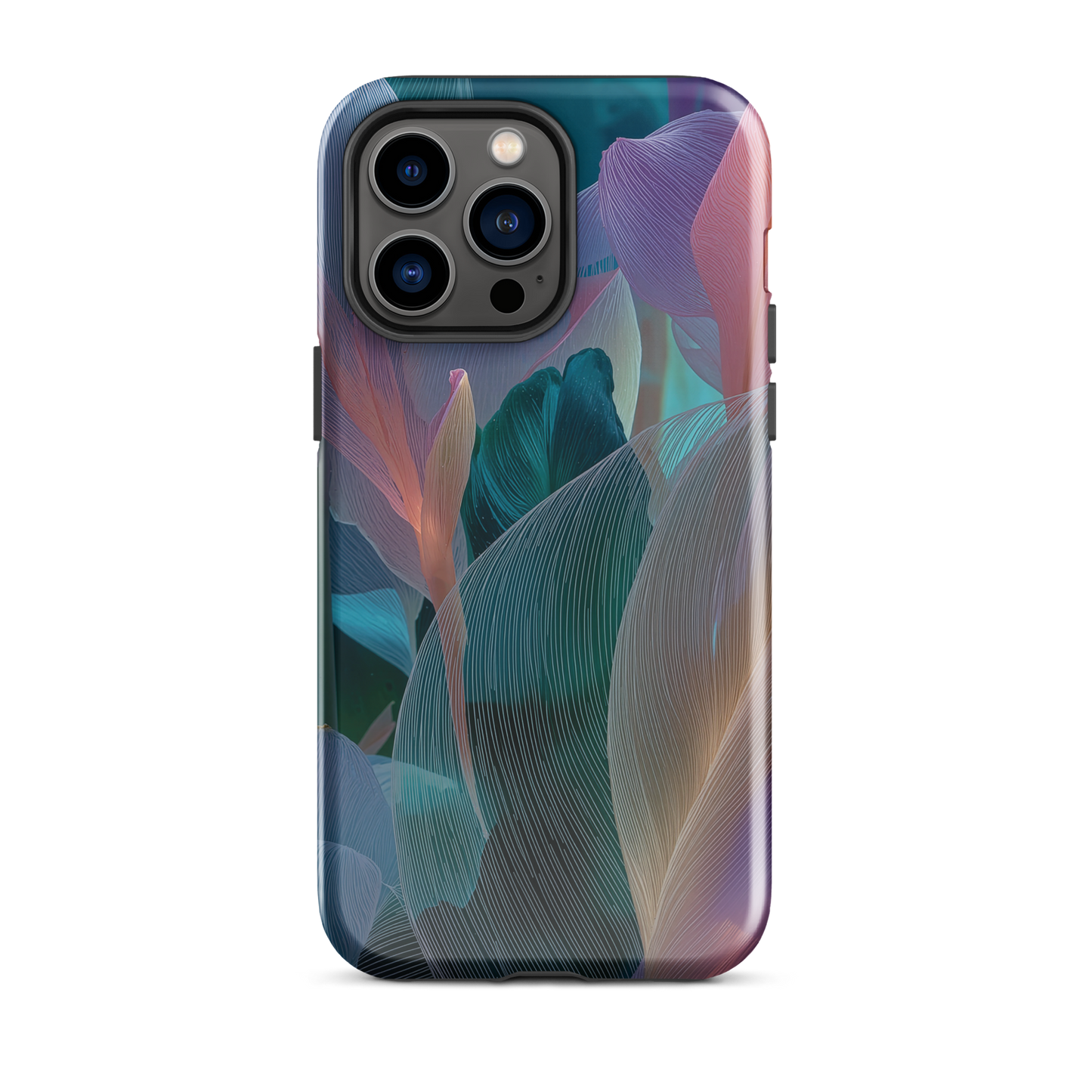 Abstract pastel botanical designer phone case in pink, lilac and teal tones with soft flowing floral textures