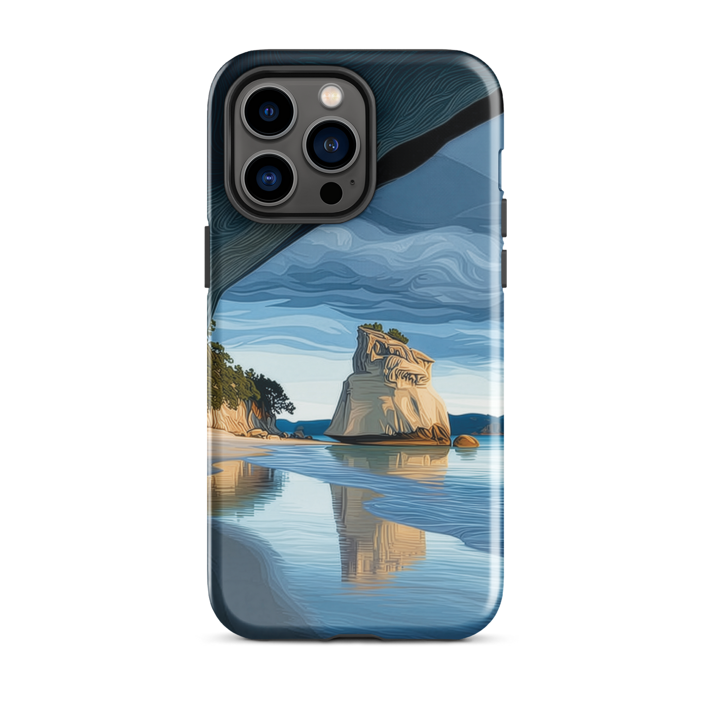 Artistic Cathedral Cove coastal designer phone case with arch rock, blue ocean and golden cliffs