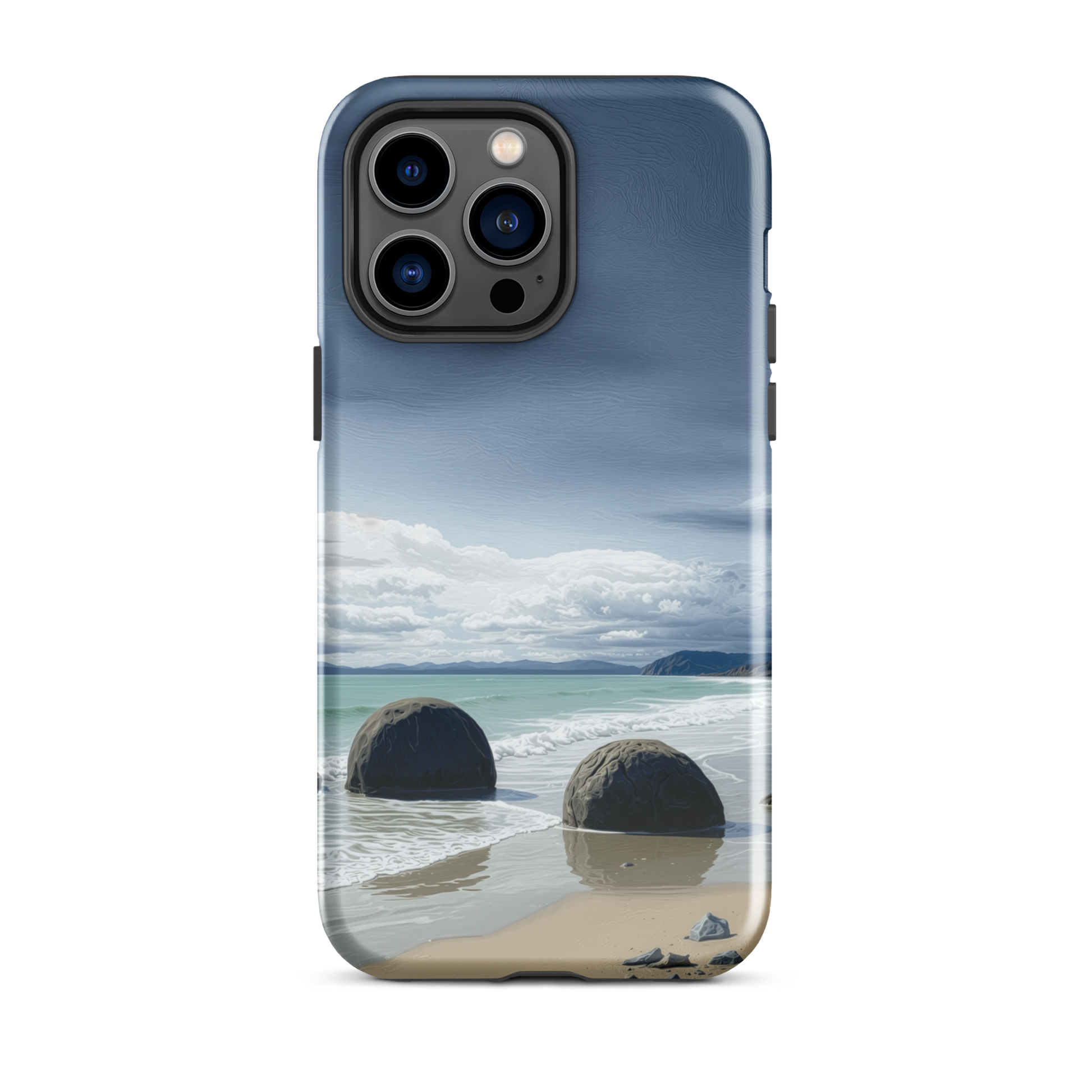 Moeraki Boulders coastal designer phone case with ocean waves and dramatic NZ sky