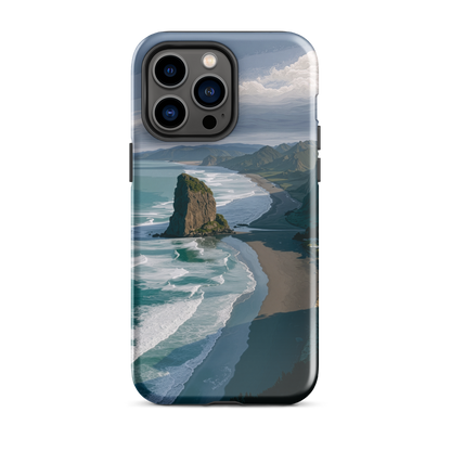 Piha Beach Lion Rock designer phone case with turquoise waves and dramatic NZ coastline