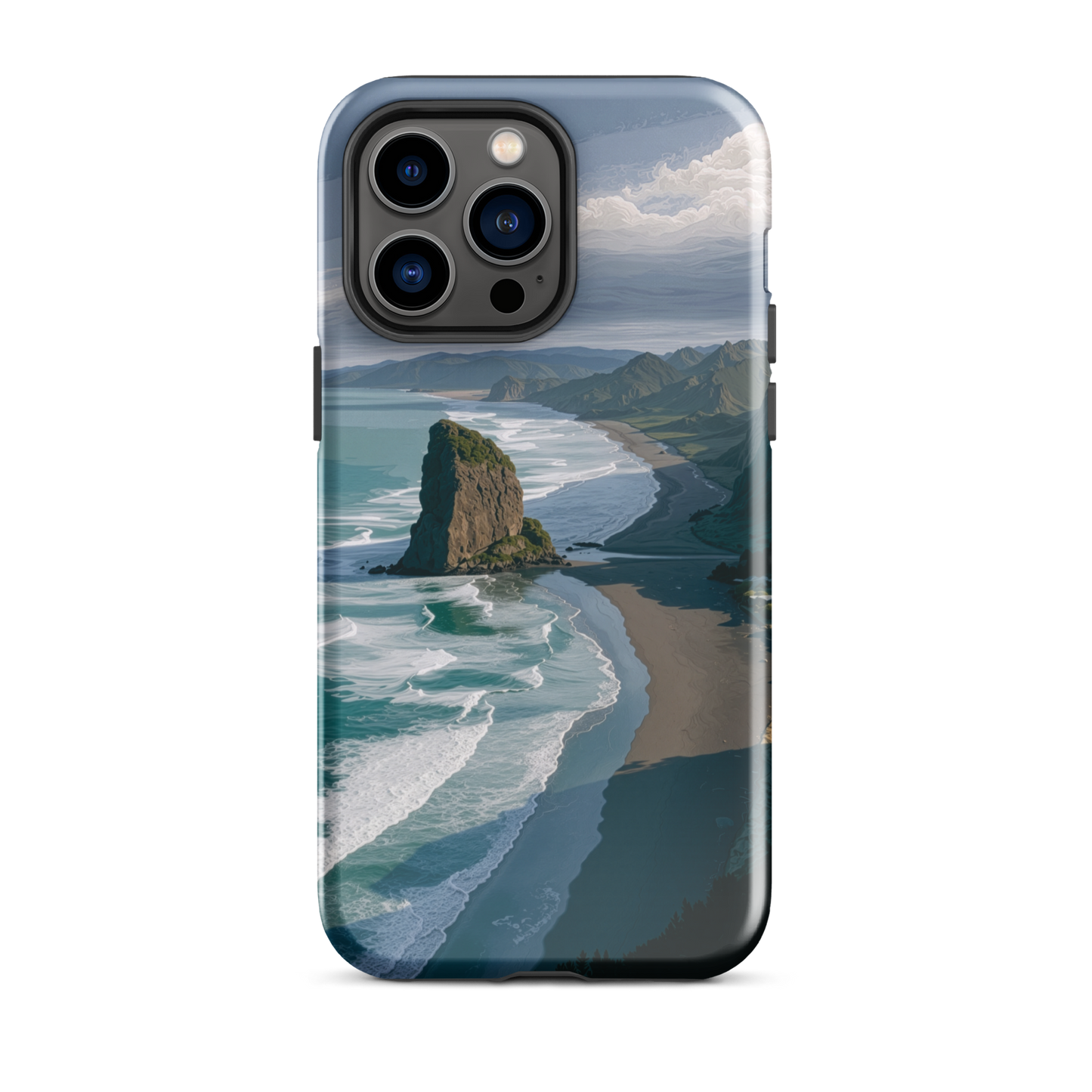 Piha Beach Lion Rock designer phone case with turquoise waves and dramatic NZ coastline