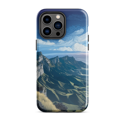 Te Mata Peak designer phone case with Hawke’s Bay cliffs, rolling green hills and dramatic swirling sky
