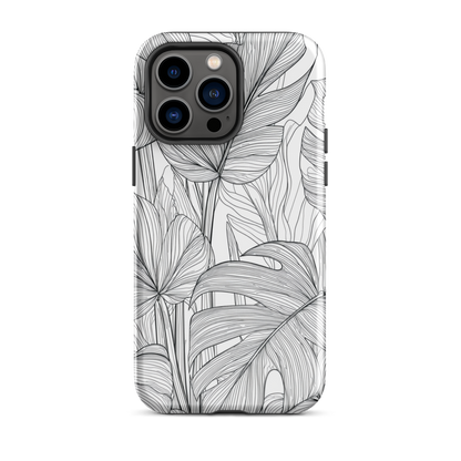 Minimal black and white tropical leaf designer phone case with detailed botanical line art