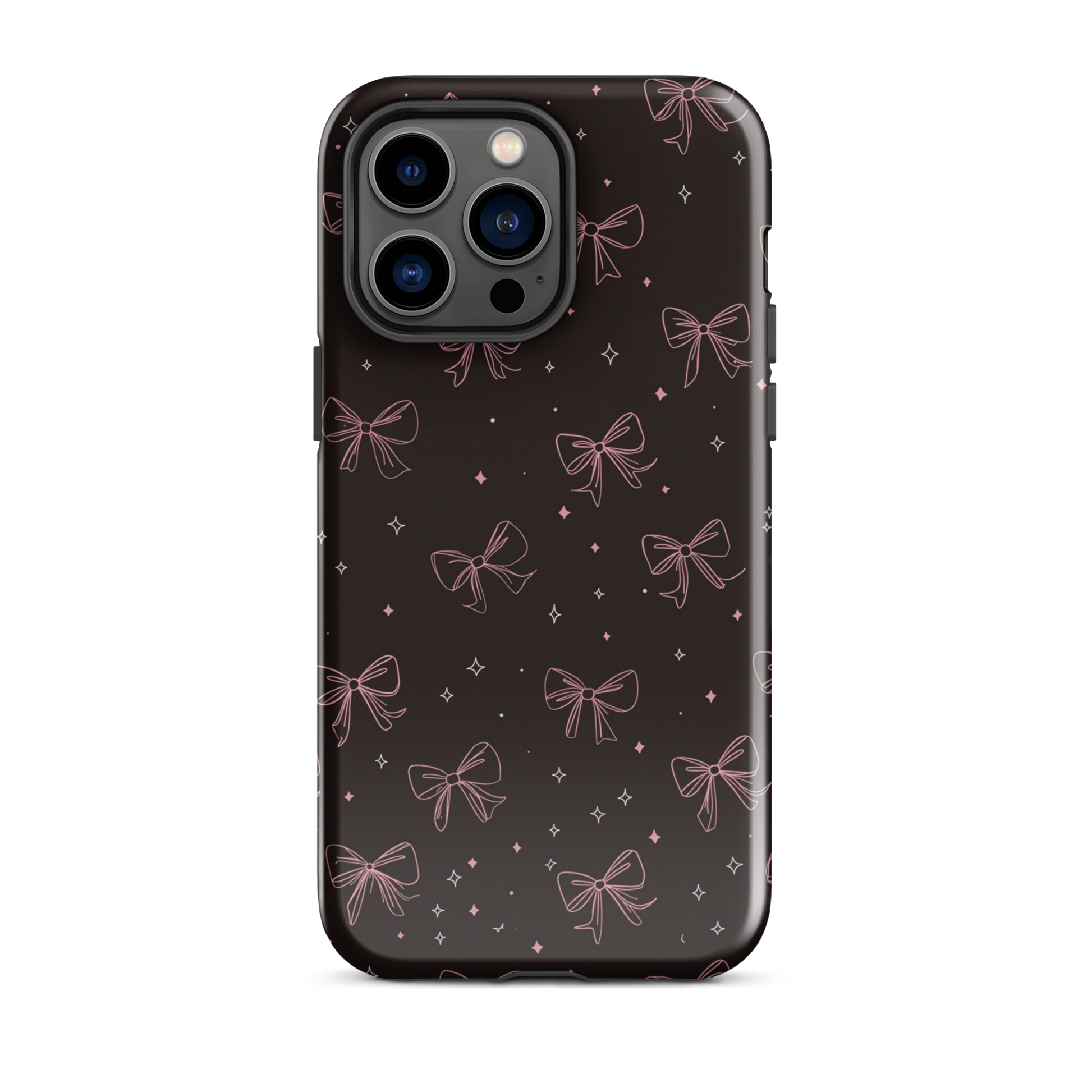 Midnight Bow seamless repeat pattern — pink hand-drawn ribbon bows and sparkle stars on a black background