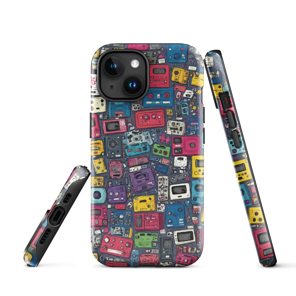 'Arcade' iPhone case, featuring a vibrant collage of hand-drawn controllers in bold, vintage-inspired colours. From electric blue and hot pink to classic black and yellow