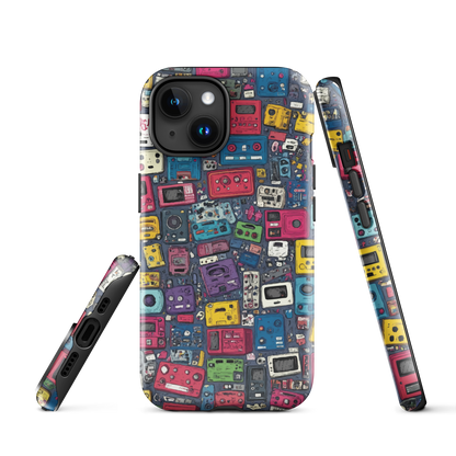 'Arcade' iPhone case, featuring a vibrant collage of hand-drawn controllers in bold, vintage-inspired colours. From electric blue and hot pink to classic black and yellow