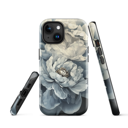 'Whisper' iPhone case features a stunning close-up of softly painted peony blooms in dreamy shades of ivory, grey, and smoky blue.