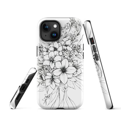 Black and white floral phone case with hand-drawn lilies and wildflowers