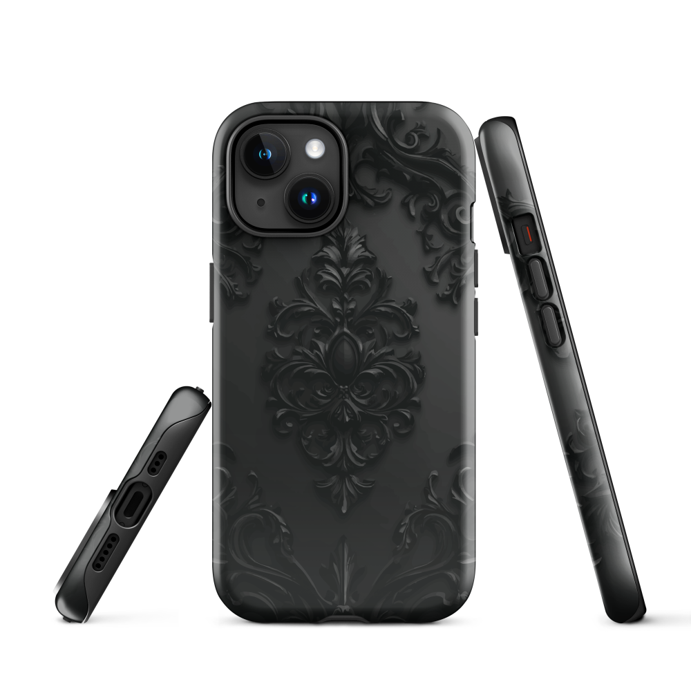 Black embossed damask phone case with gothic baroque pattern.