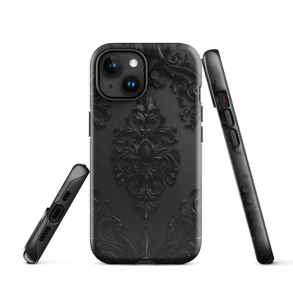 Black embossed damask phone case with gothic baroque pattern.