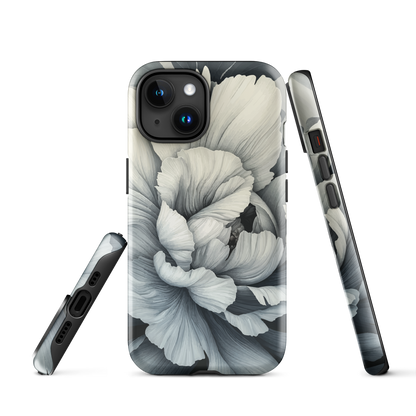 Black and white floral phone case featuring a soft, moody peony design by New Zealand artist Ben Hart.