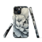 Black and white floral phone case featuring a soft, moody peony design by New Zealand artist Ben Hart.