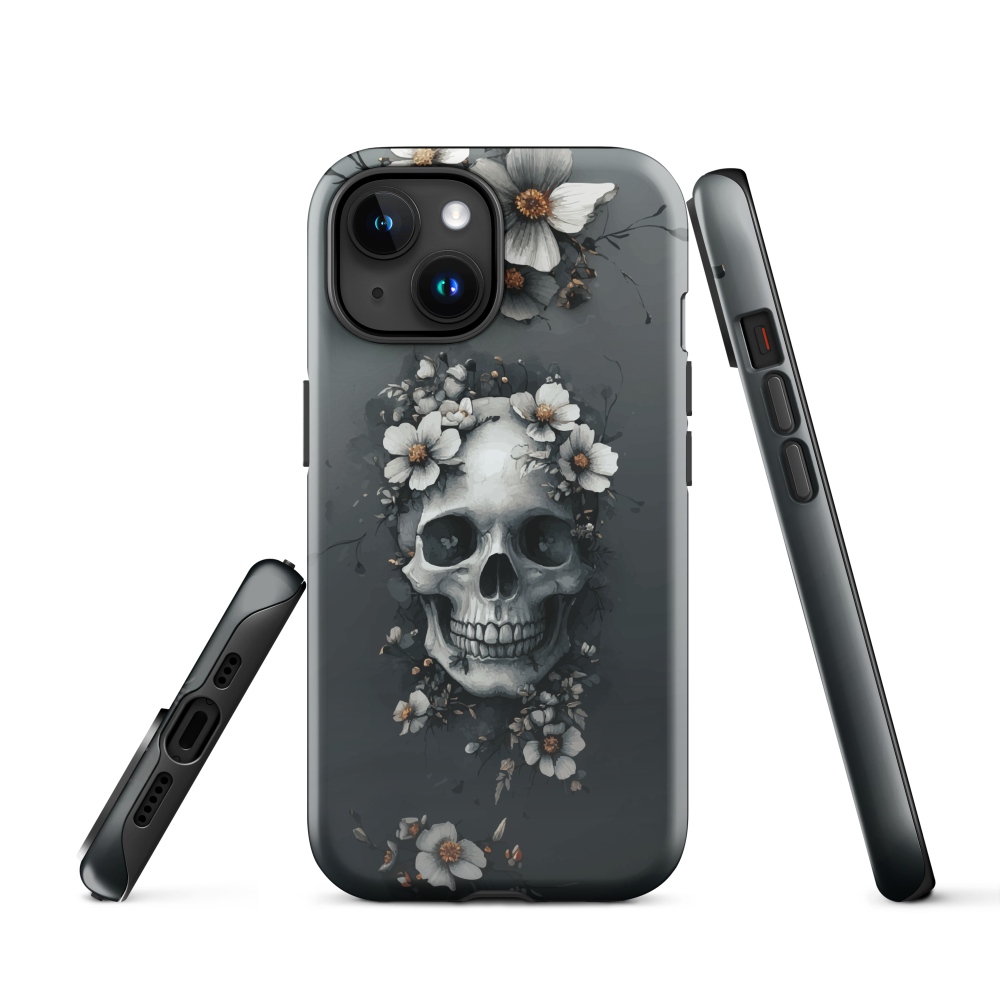 Gothic phone case with a floral skull design in grey tones, featuring white blossoms and dark detailing.