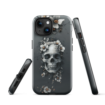 Gothic phone case with a floral skull design in grey tones, featuring white blossoms and dark detailing.