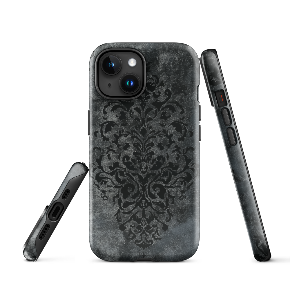 Dark damask patterned phone case with a vintage gothic aesthetic and textured stone background.
