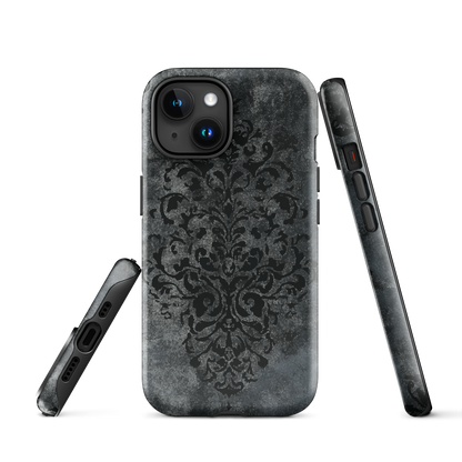 Dark damask patterned phone case with a vintage gothic aesthetic and textured stone background.