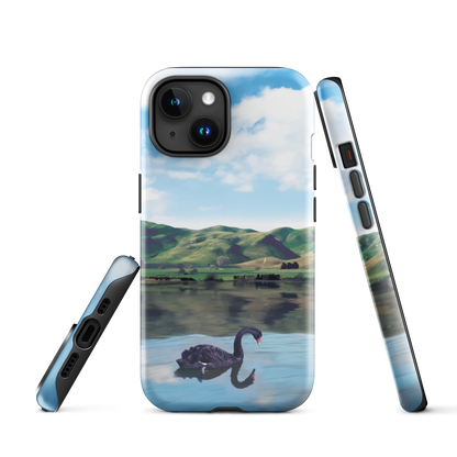 Phone case with a black swan on a calm lake, New Zealand hills in the background. Art by NZ designer Ben Hart.