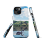 Phone case with a black swan on a calm lake, New Zealand hills in the background. Art by NZ designer Ben Hart.
